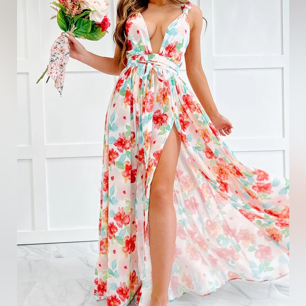 SOLD. NWOT Luxxel Floral Maxi Dress with Plunge Neckline